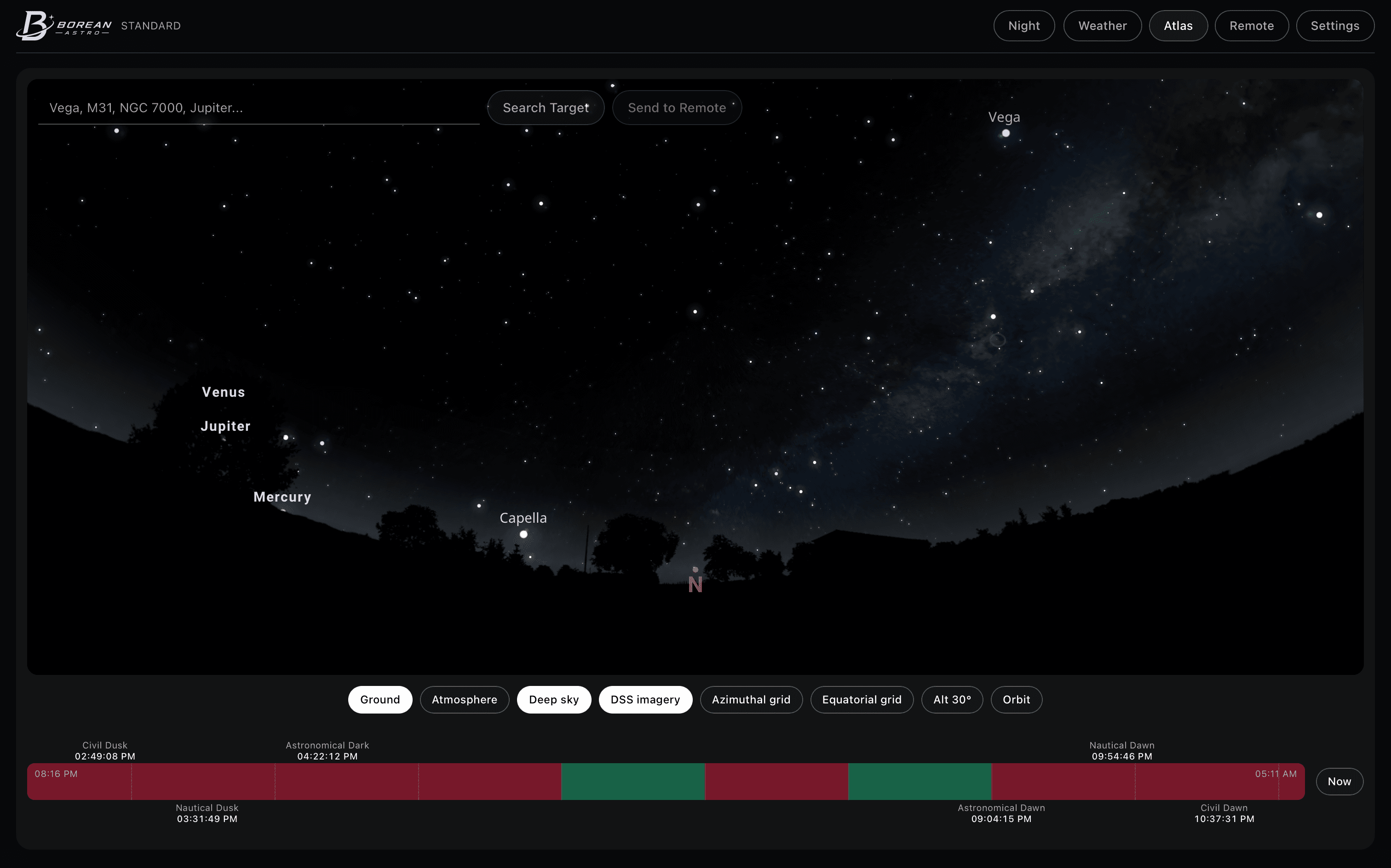 Atlas interactive sky map with planets, horizon, and the Milky Way