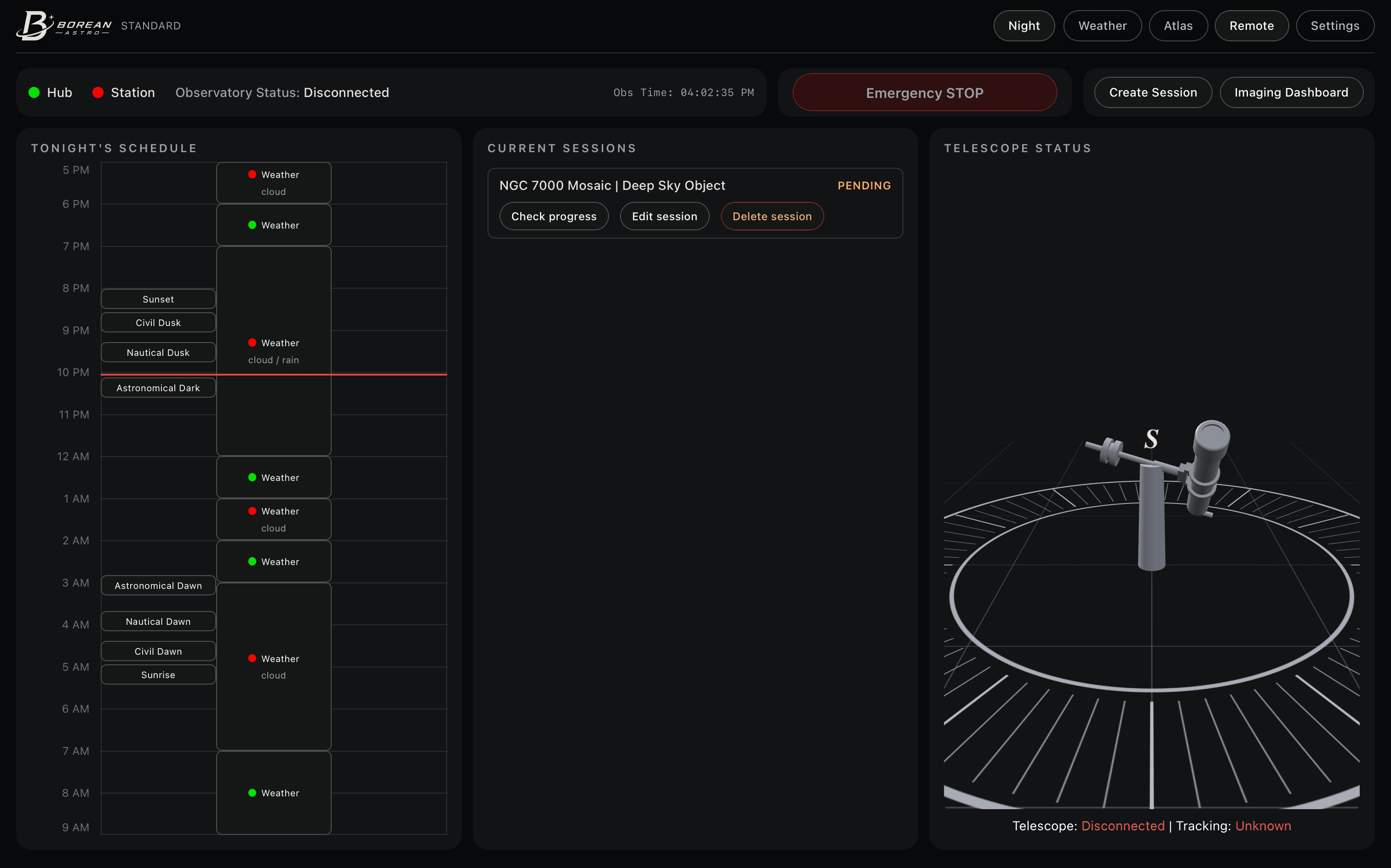 Borean Control Client — Remote console with tonight's schedule, current sessions, and live telescope status