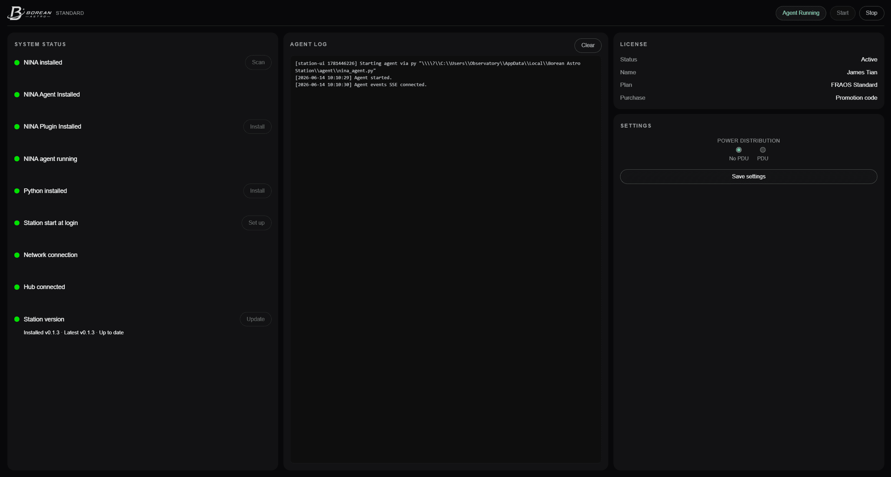 Borean Station dashboard with system checks, agent log, license, and settings