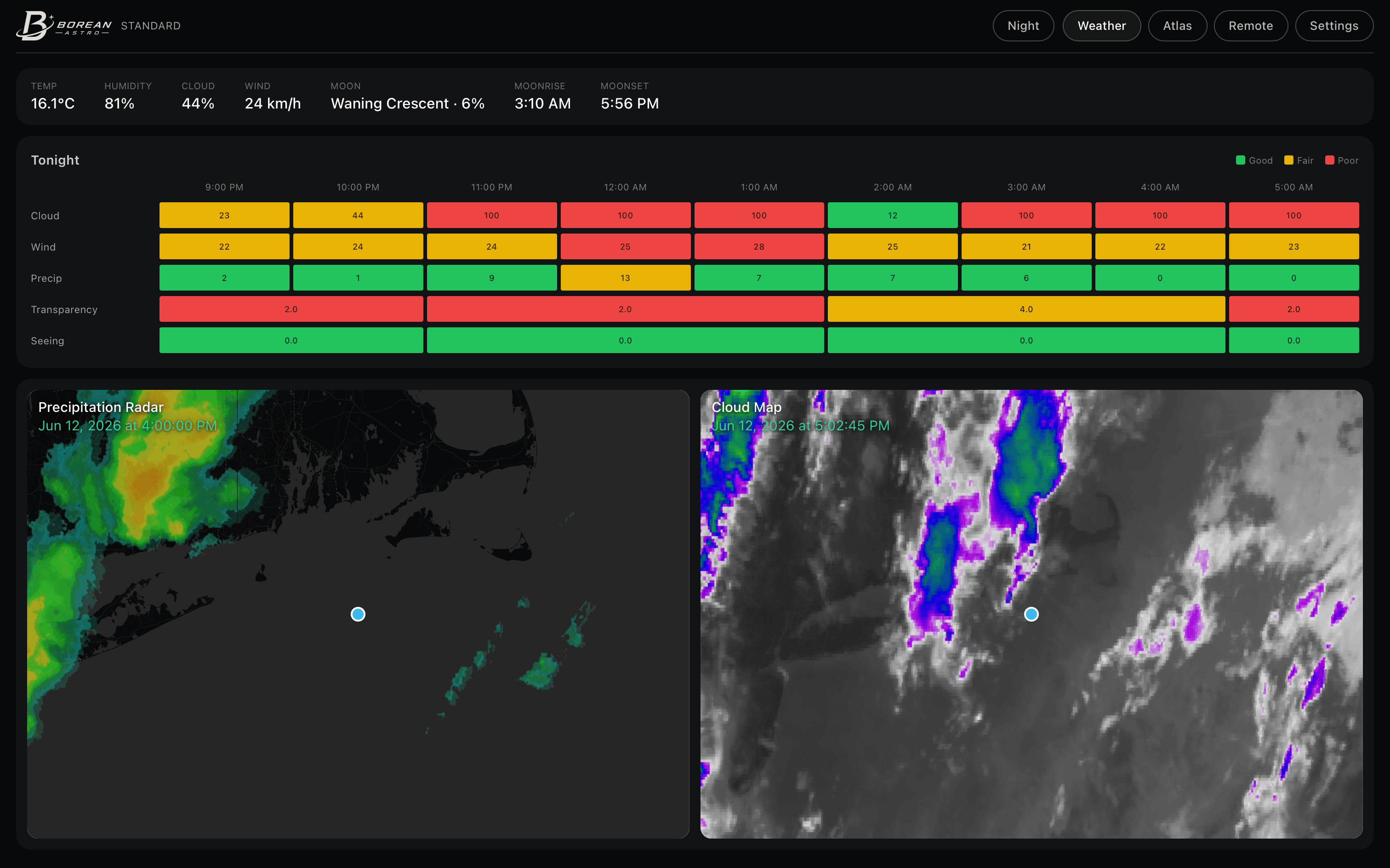 Weather dashboard with tonight's grid, precipitation radar, and NOAA cloud map